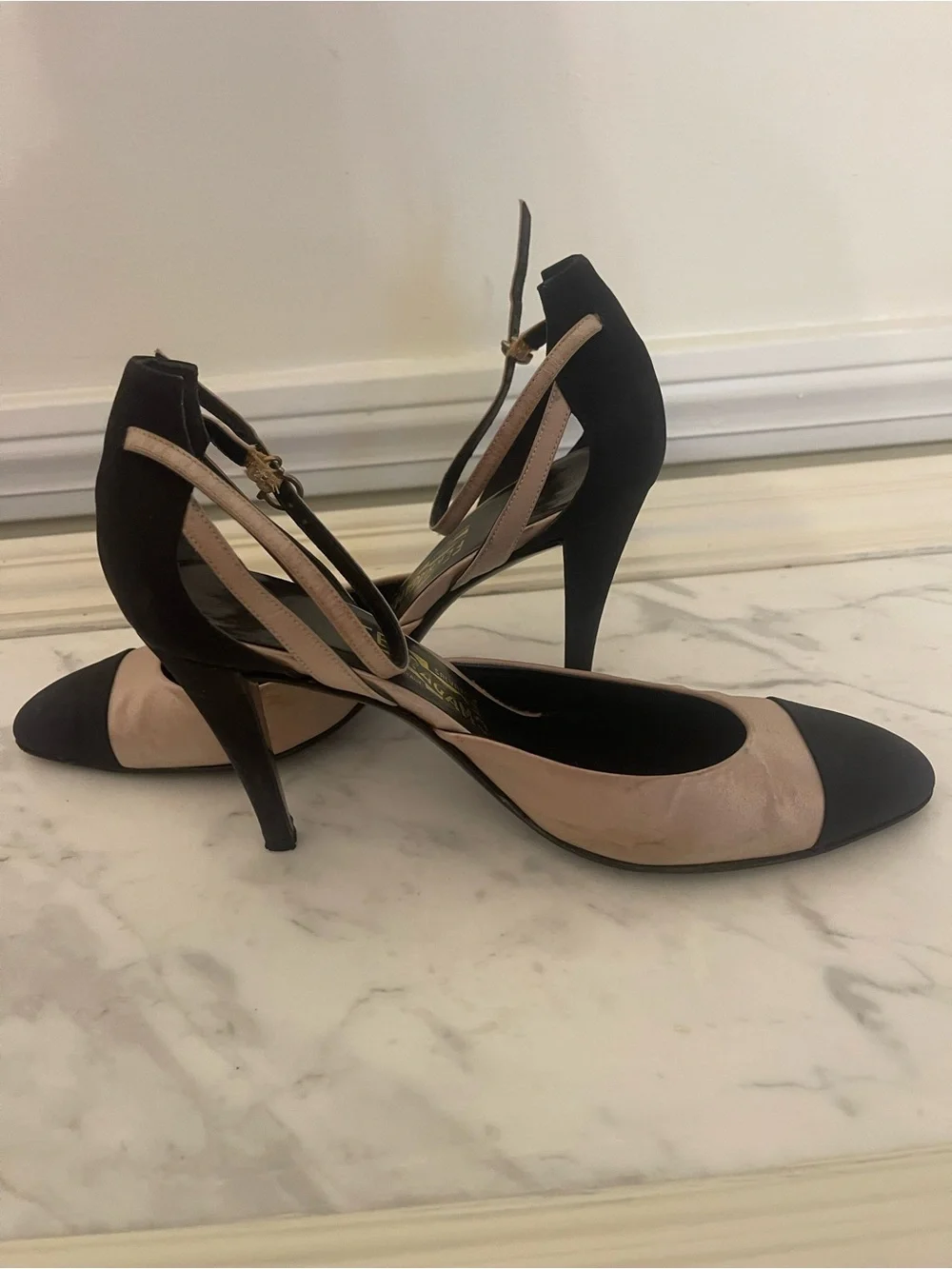 Salvatore Ferragamo Two-Tone Beige and Black Ankle-Strap Pumps